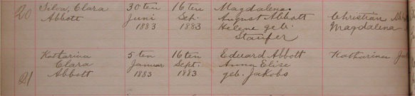 Silvia Abbott and Katherine Clara Abbott Baptism Record, Detail