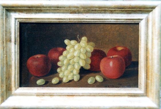 Stillife oil painting of green grapes and apples