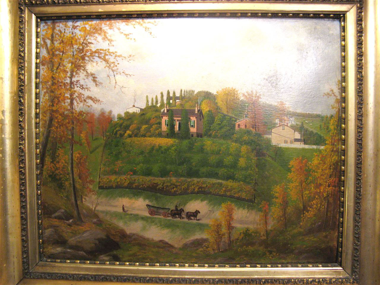 Oil Painting of house on hill with wagon and horses in foreground