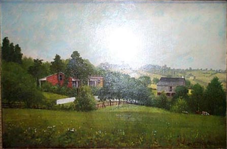Oil Painting of farm against hill with vineyard in foreground