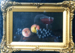 Oil Painting of grapes, peaches, and wine